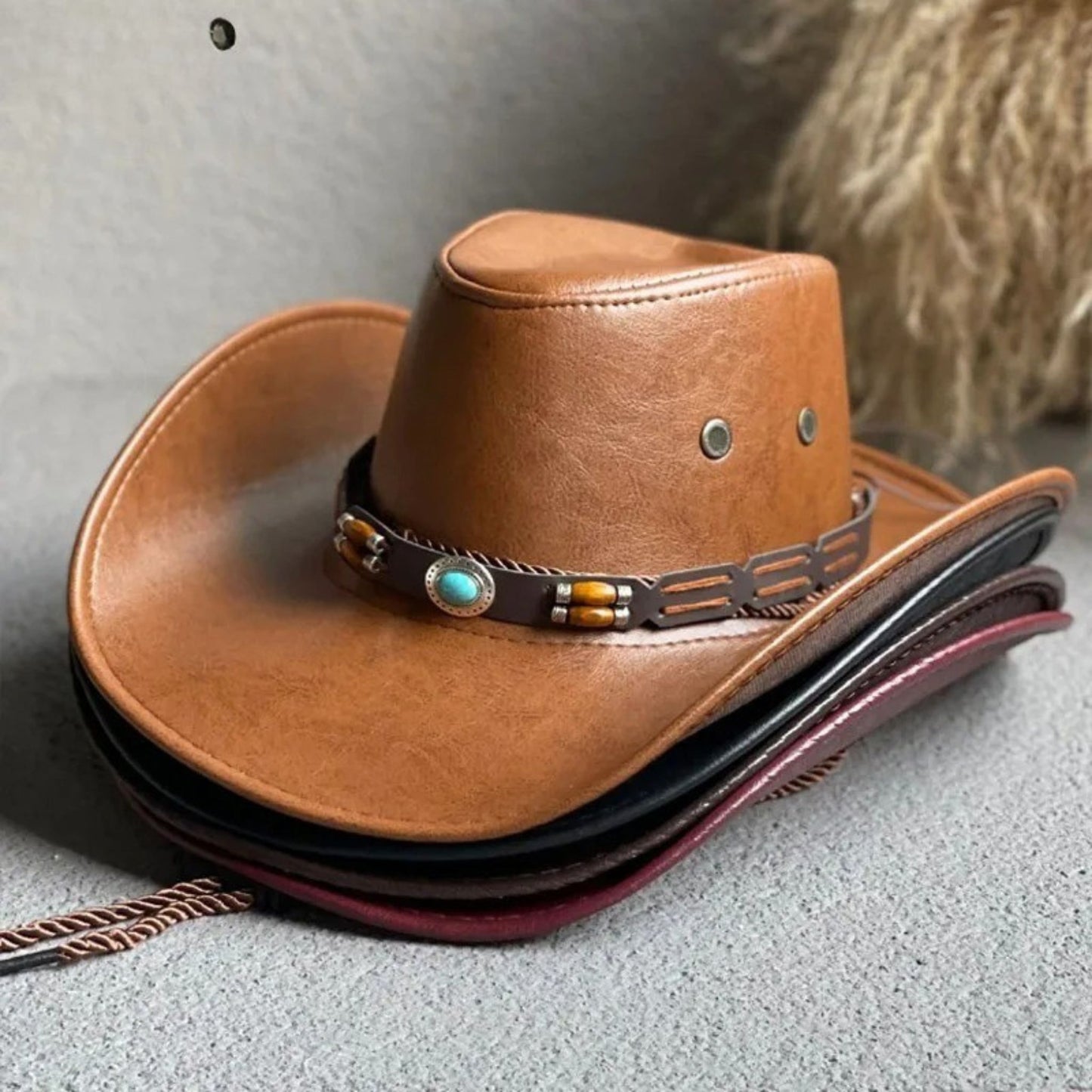 Faux Leather Western Cowboy Hats For Women Men Vintage Gentleman