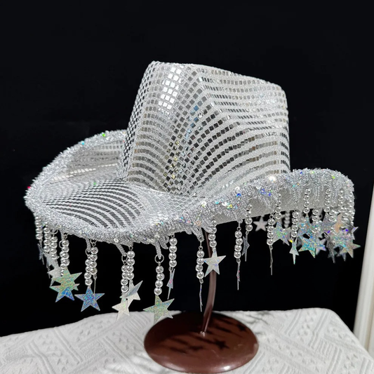 Silver Glitter Tassels Sequin Disco Cowboy Hats Women Cowgirl Party Decorations