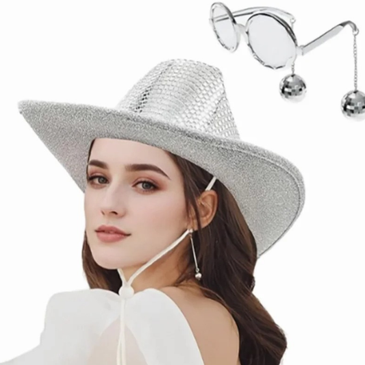 Disco ball Cowboy Hat Sunglasses  Decoration Wedding Bride, Mirror Disco Cap