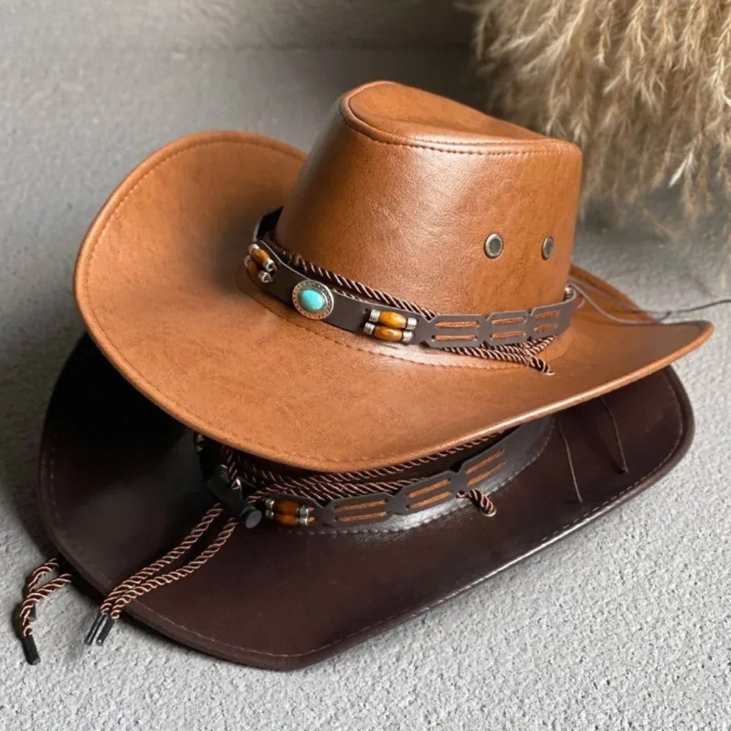 Faux Leather Western Cowboy Hats For Women Men Vintage Gentleman